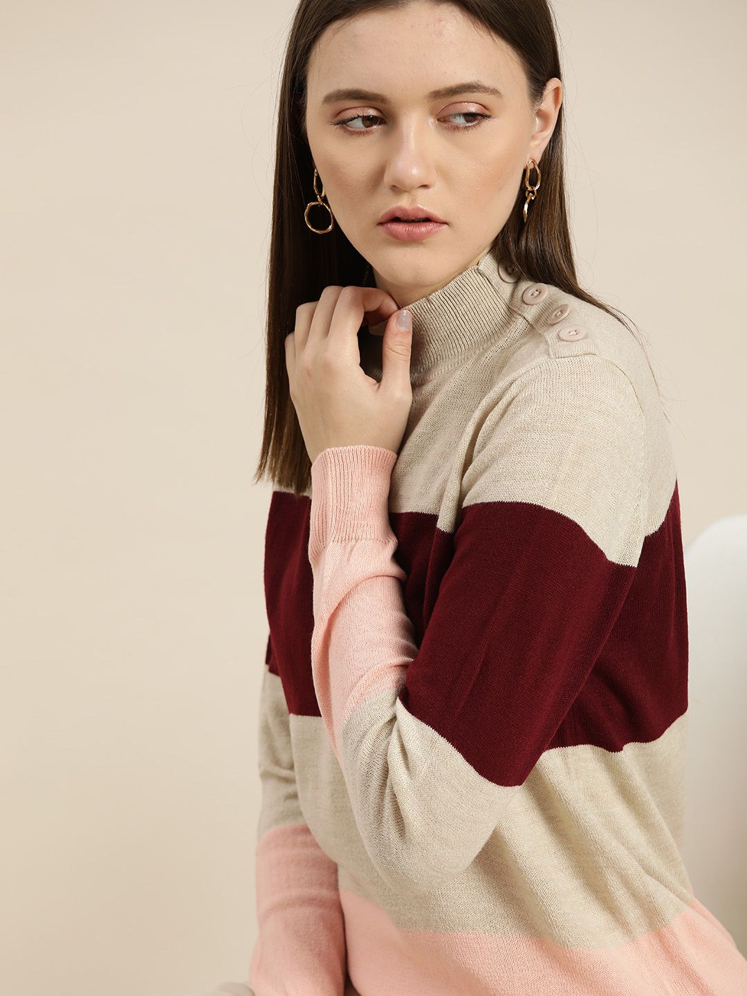 her by invictus Women Cream-Coloured & Maroon Colourblocked Pullover Price in India