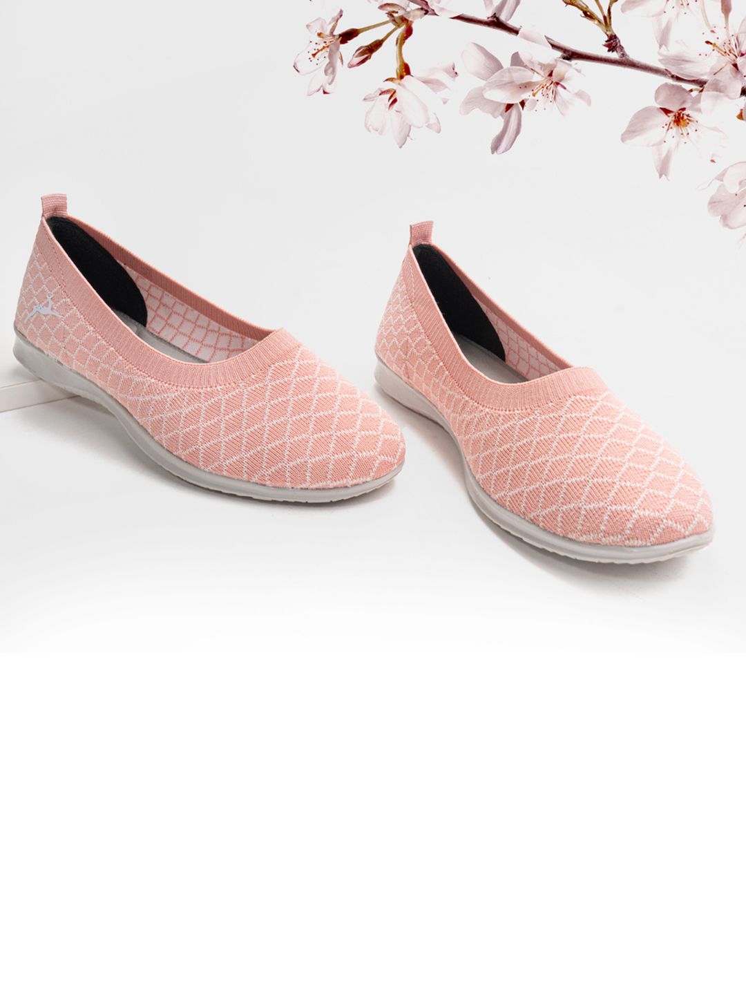 Marc Loire Women Peach-Coloured & White Checked Woven Design Ballerinas