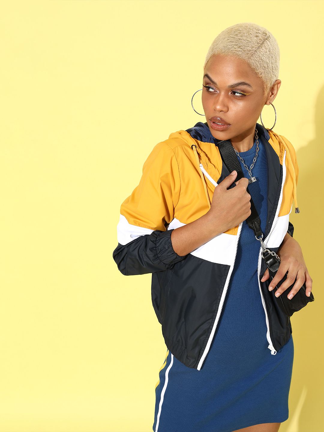 her by invictus Women Bright Yellow Colourblocked Bomber Jacket Price in India
