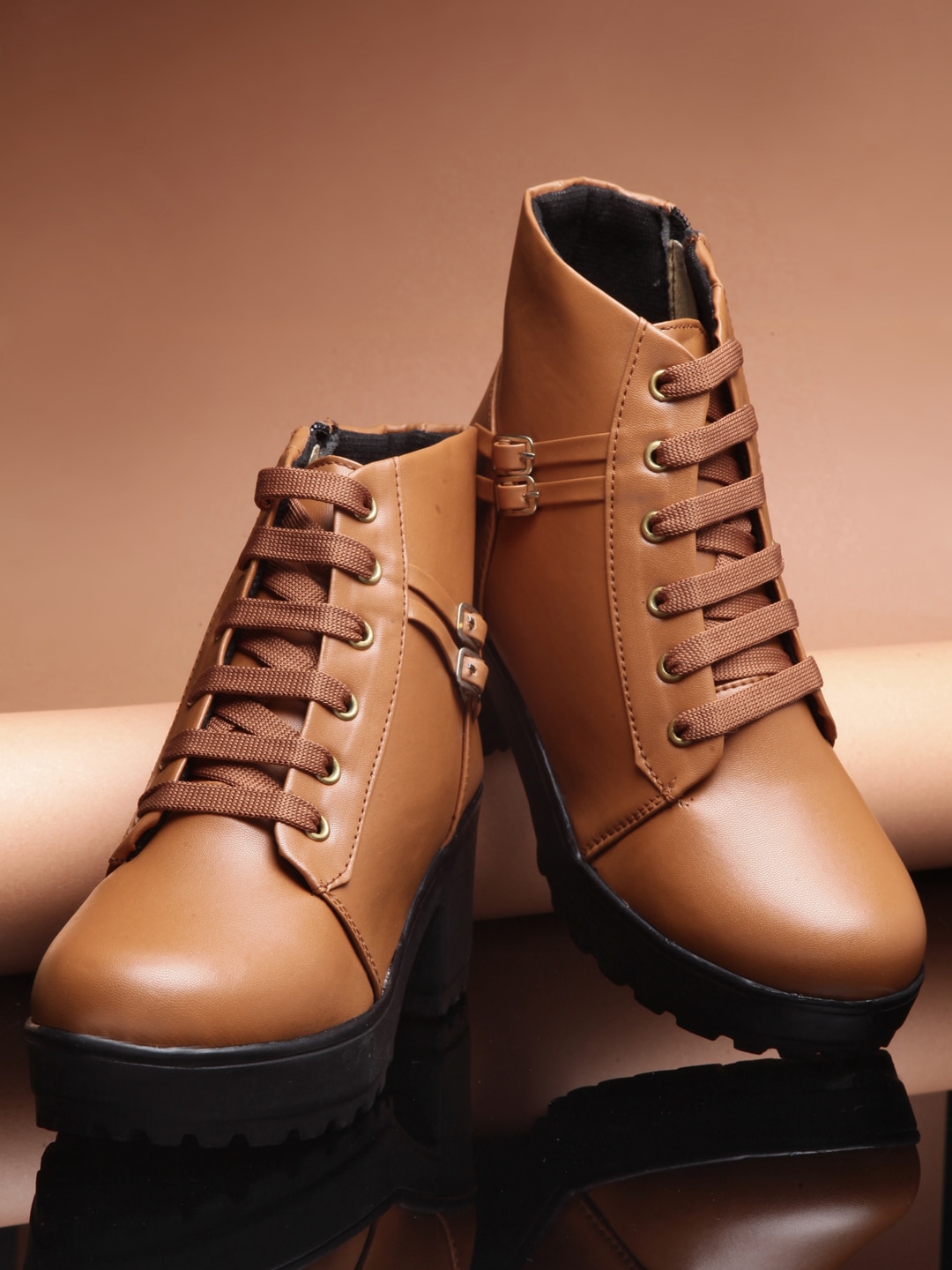 DEAS Women Tan Solid Heeled Boots Price in India