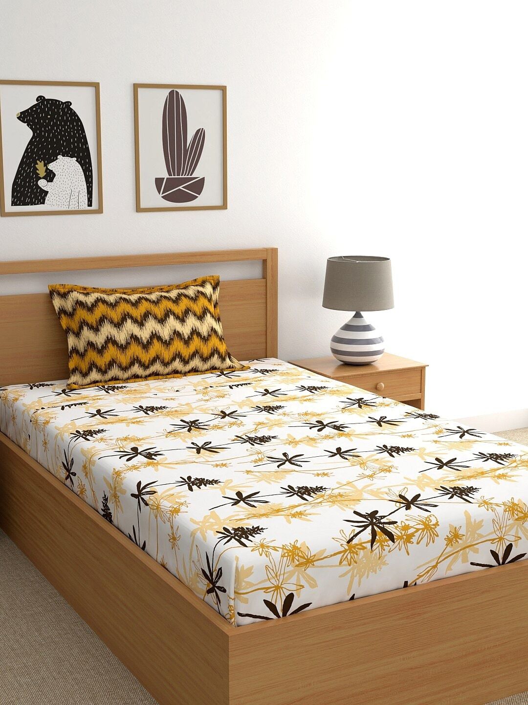 Home Ecstasy White & Brown Floral 140 TC Cotton 1 Single Bedsheet with 1 Pillow Covers Price in India