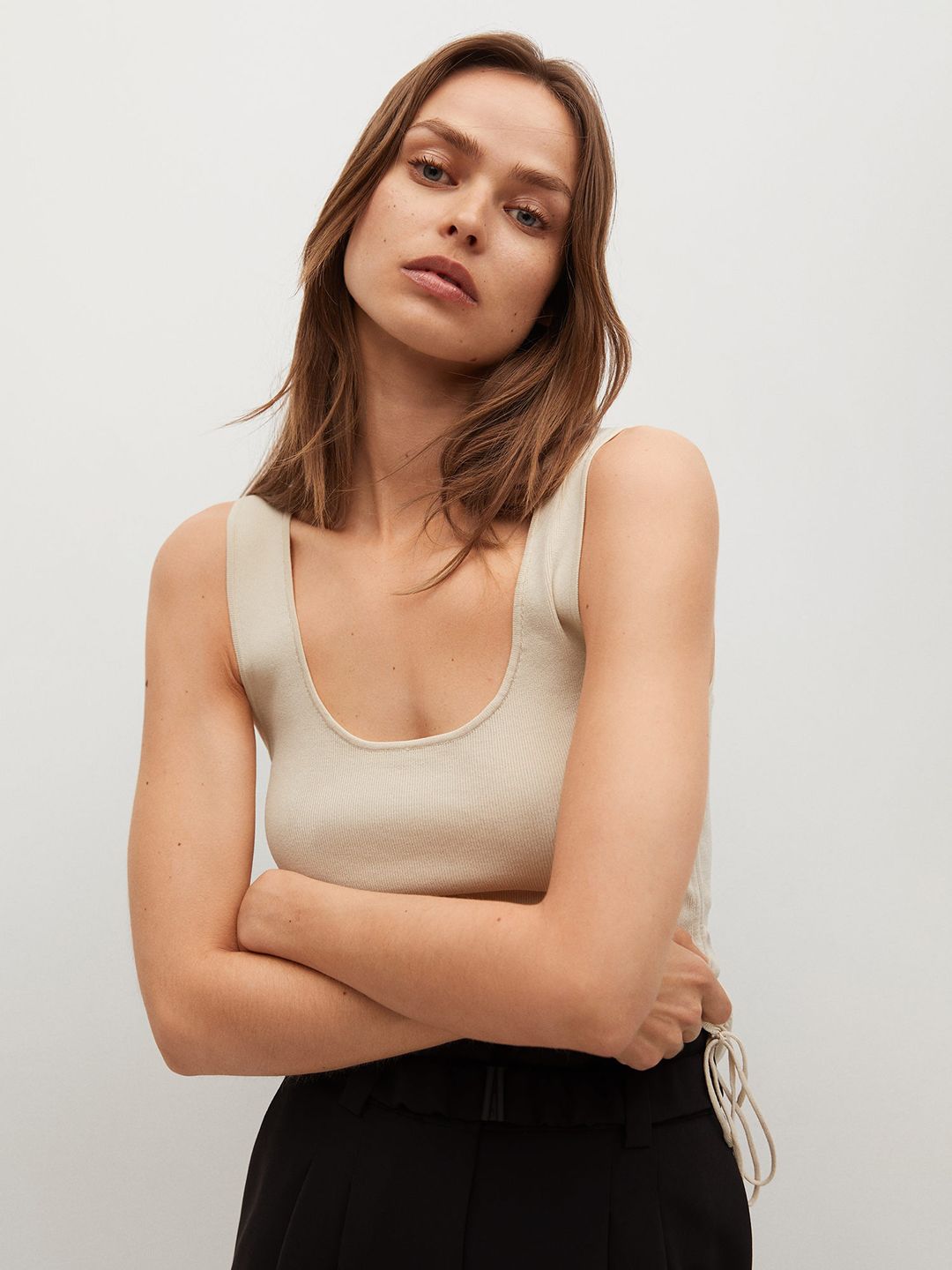 MANGO Beige Ribbed Fitted Top