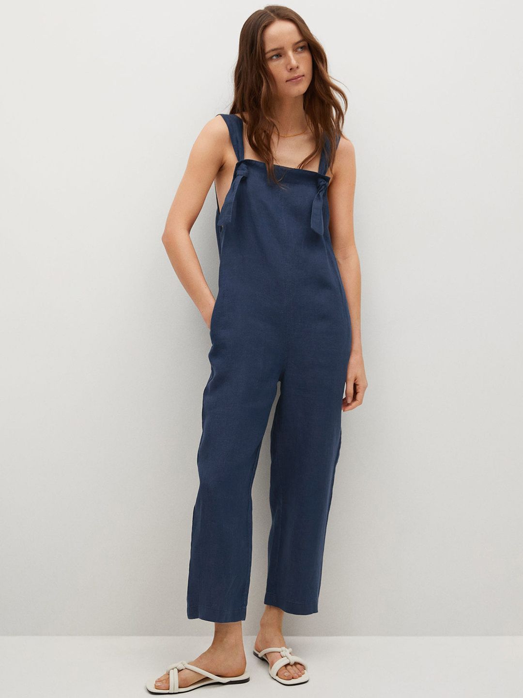 MANGO Navy Blue Solid Linen Basic Jumpsuit Price in India