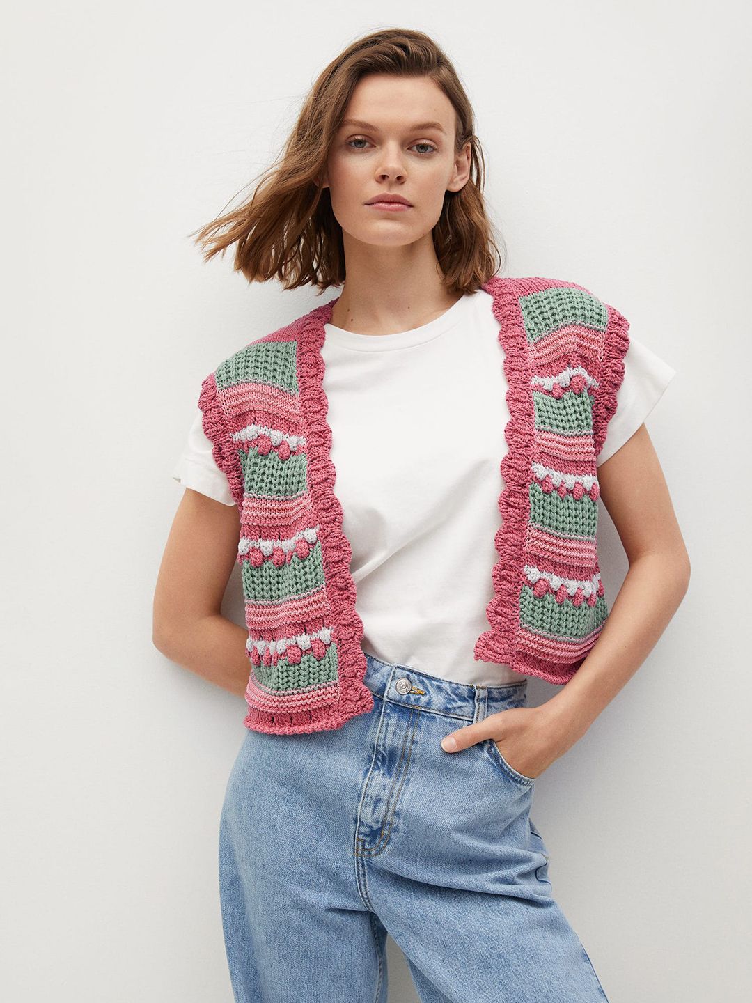 MANGO Women Pink & Green Striped Gilet Open Front Sweater Price in India