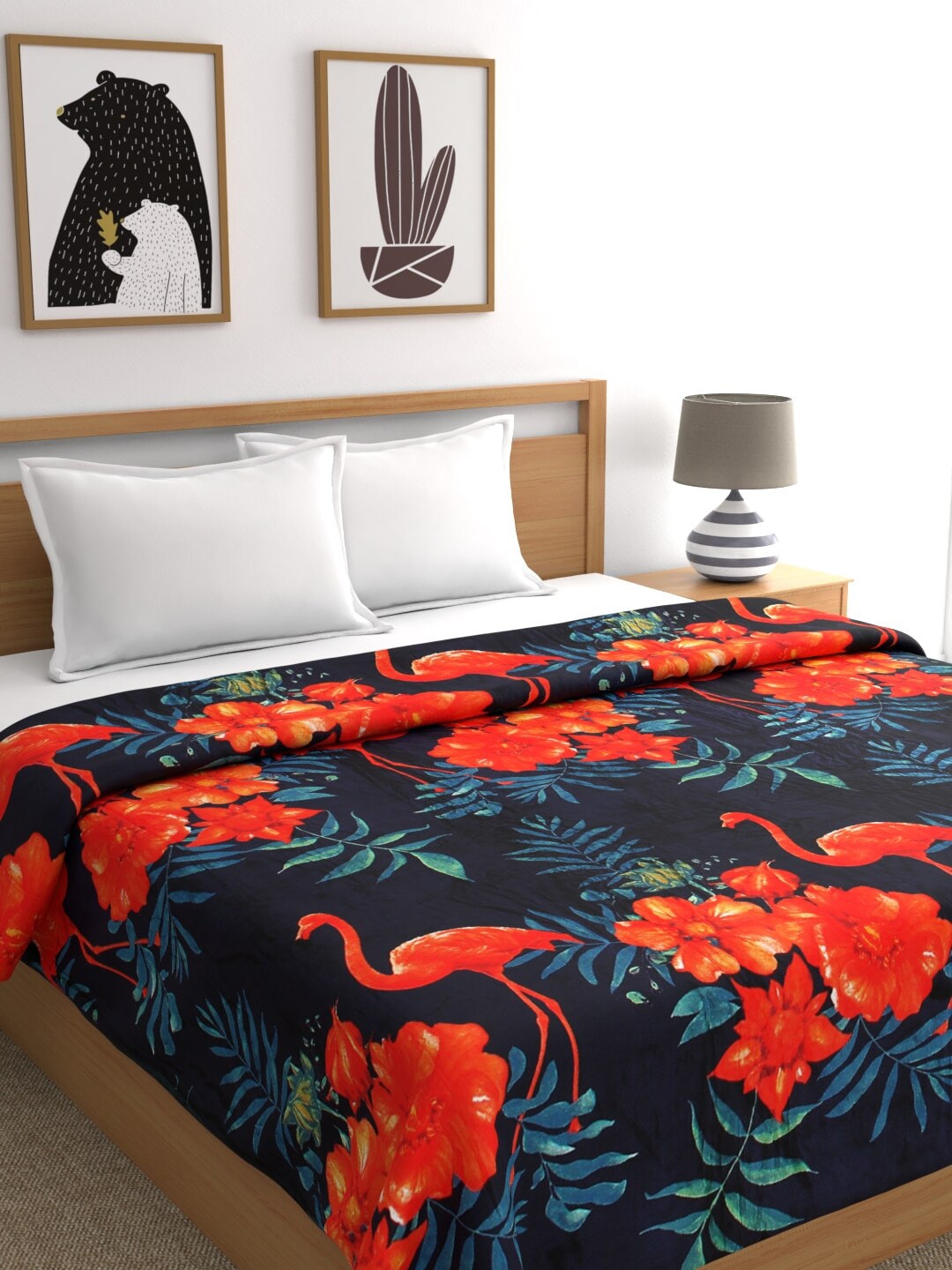 Signature Blue & Orange Floral AC Room 380 GSM Double Bed Blanket Price in India
