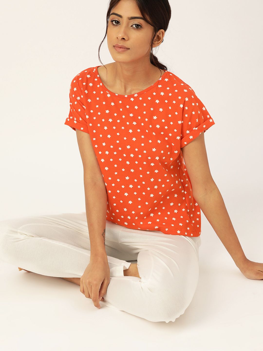 ETC Women Orange & Off-White Pure Cotton Printed Pyjama Set Price in India