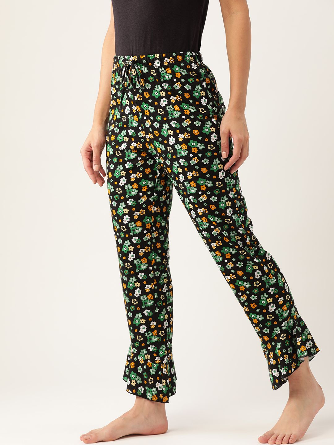 ETC Women Black & Green Printed Pure Cotton Lounge Pants Price in India