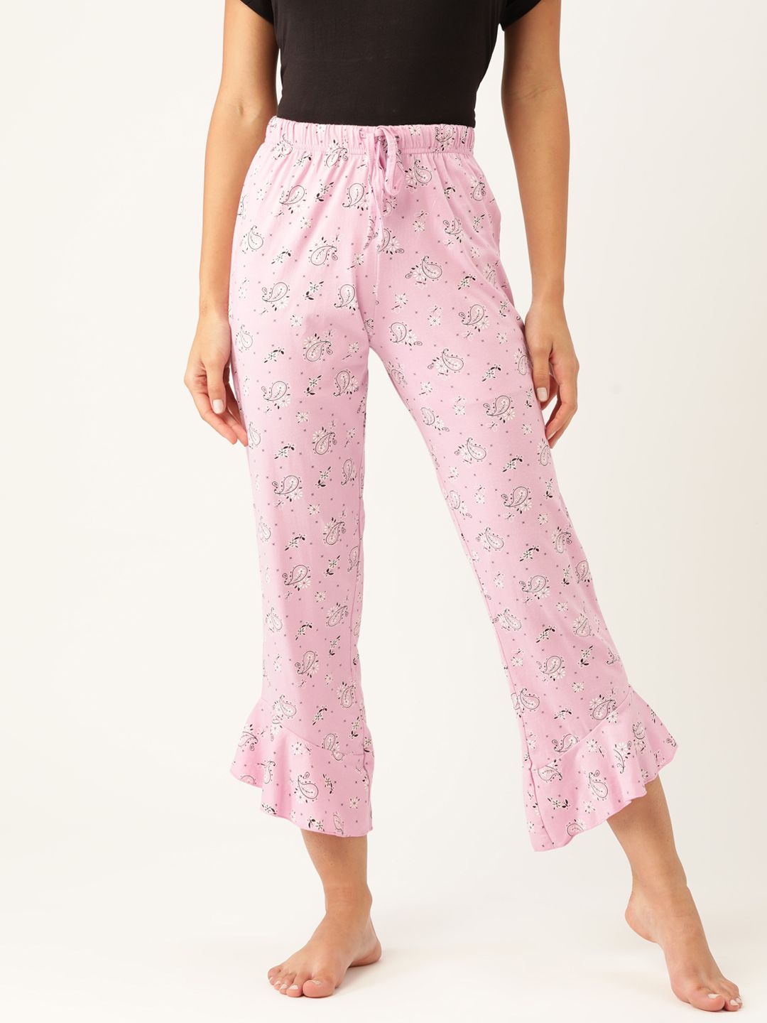 ETC Women Pink & Black Paisley Printed Cotton Cropped Lounge Pants Price in India