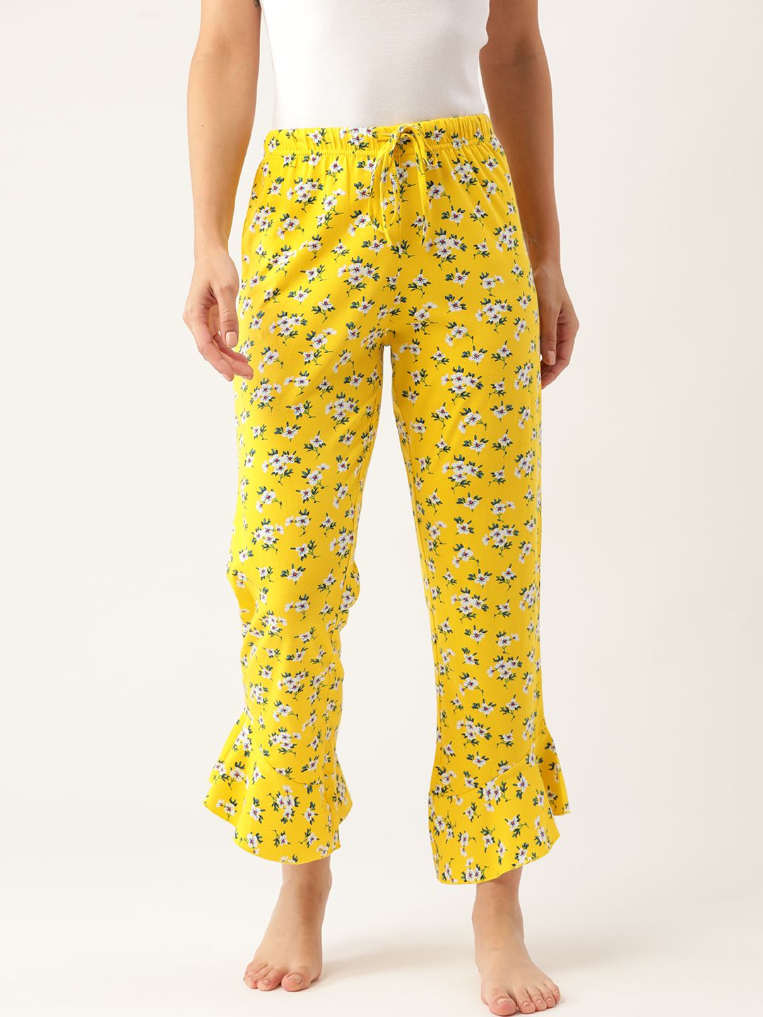 ETC Women Yellow & Green Printed Pure Cotton Flared Lounge Pants Price in India