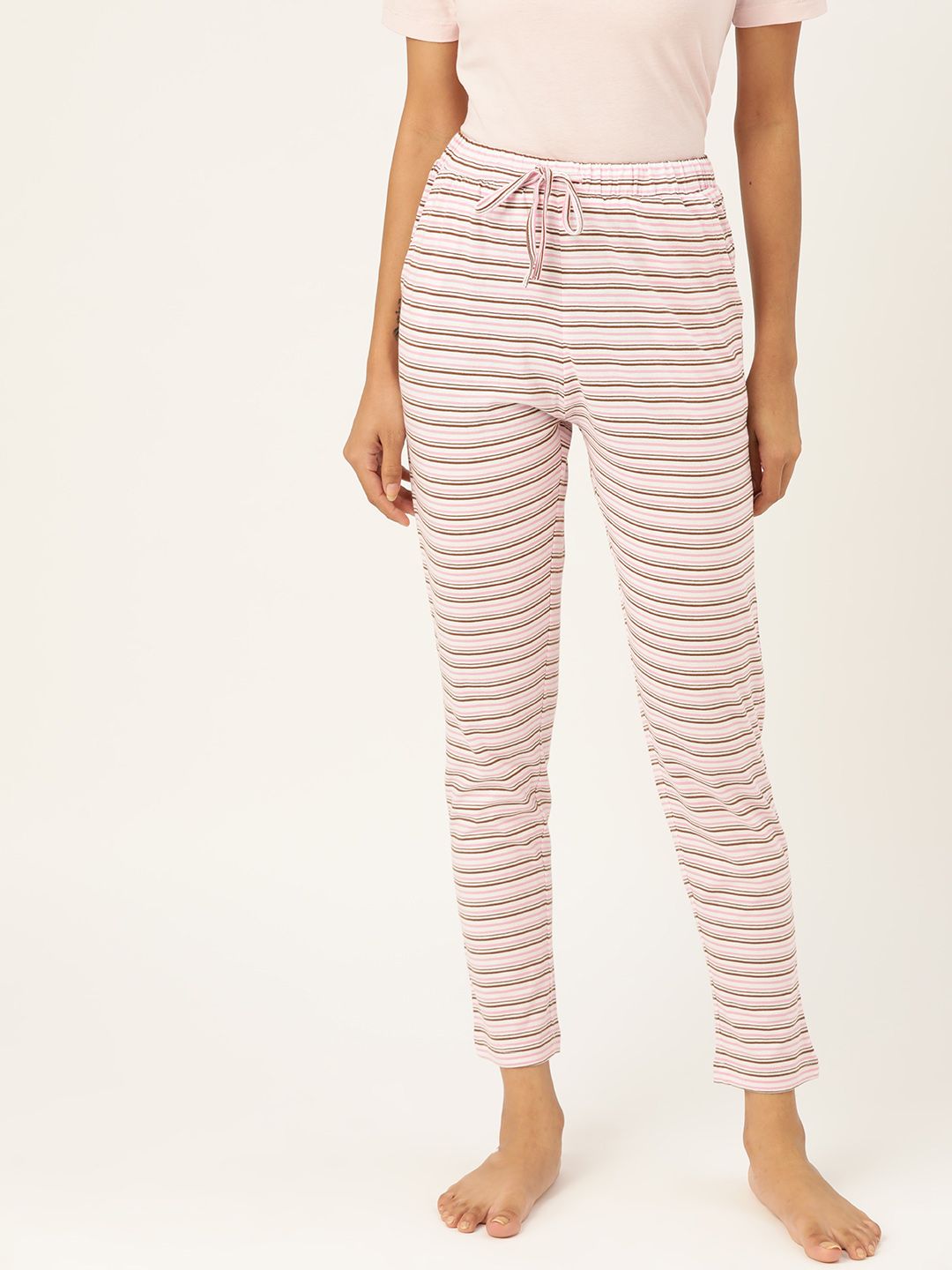 ETC Women Pink & Brown Striped Pure Cotton Lounge Pants Price in India