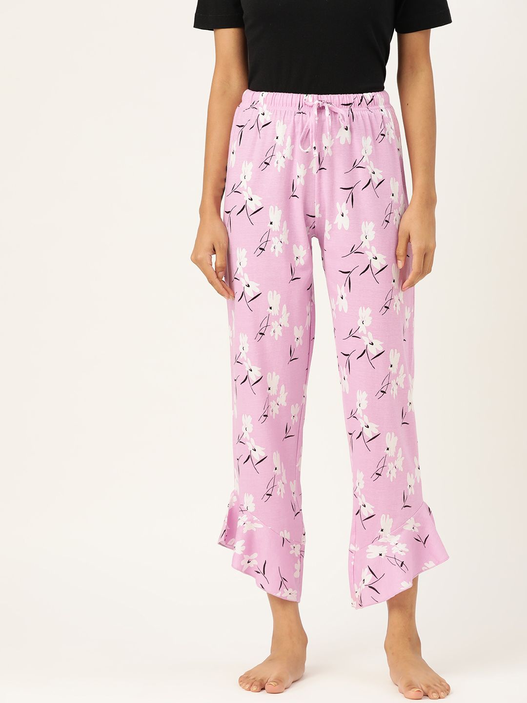 ETC Women Lavender & White Floral Print Pure Cotton Lounge Pants Price in India