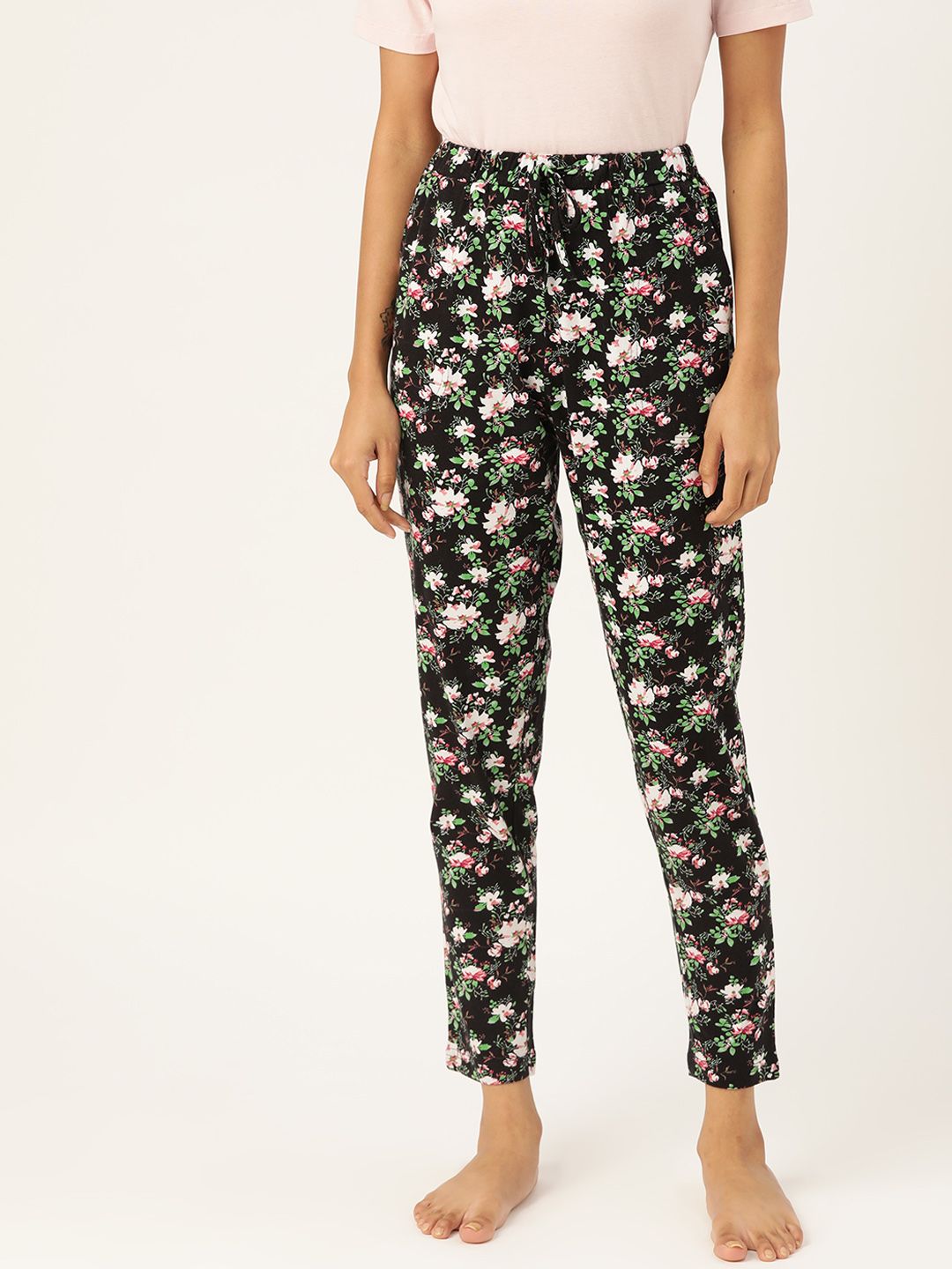 ETC Women Black Pure Cotton Floral Print Lounge Pants Price in India