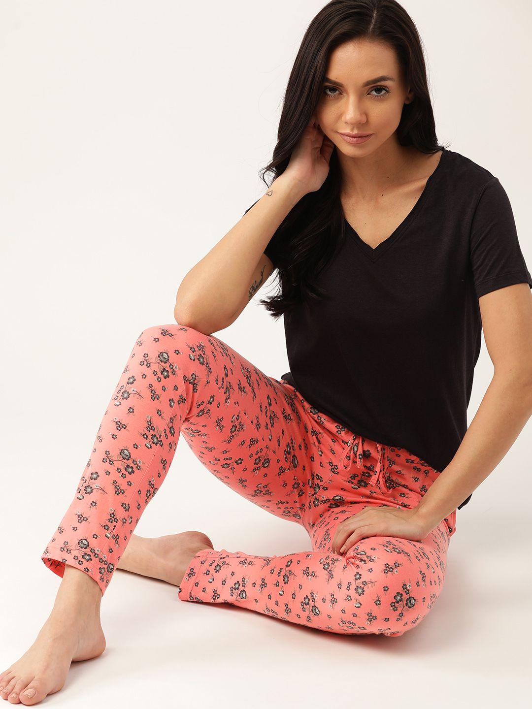 ETC Women Peach-Colored & Black Printed Pure Cotton Lounge Pants Price in India