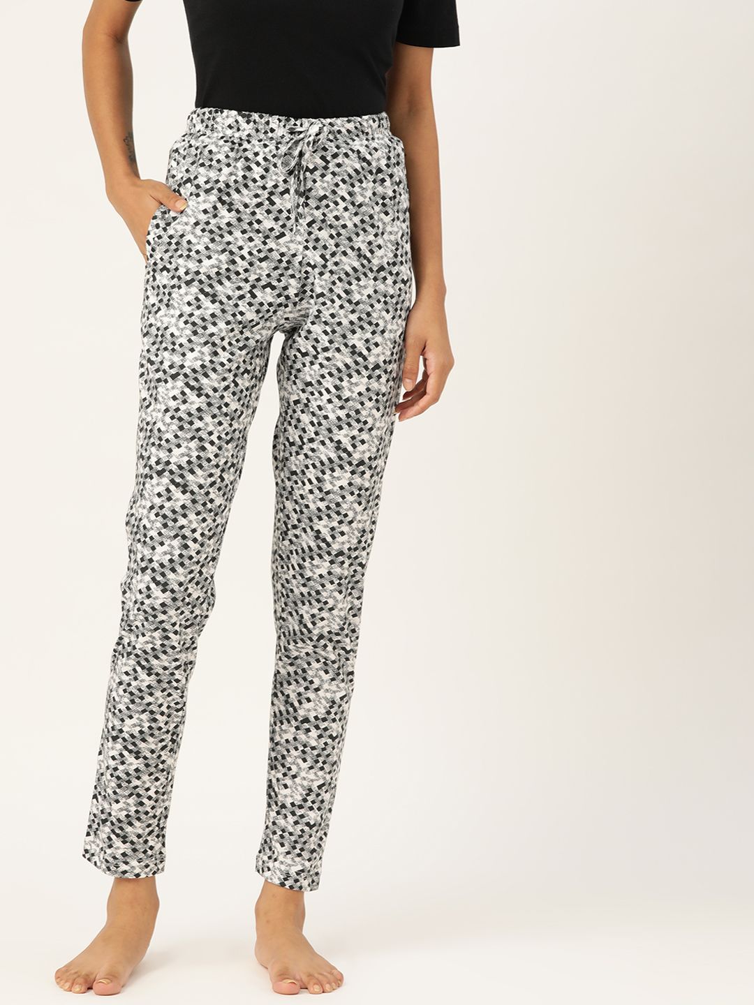 ETC Women Black & Grey Pure Cotton Printed Lounge Pants Price in India