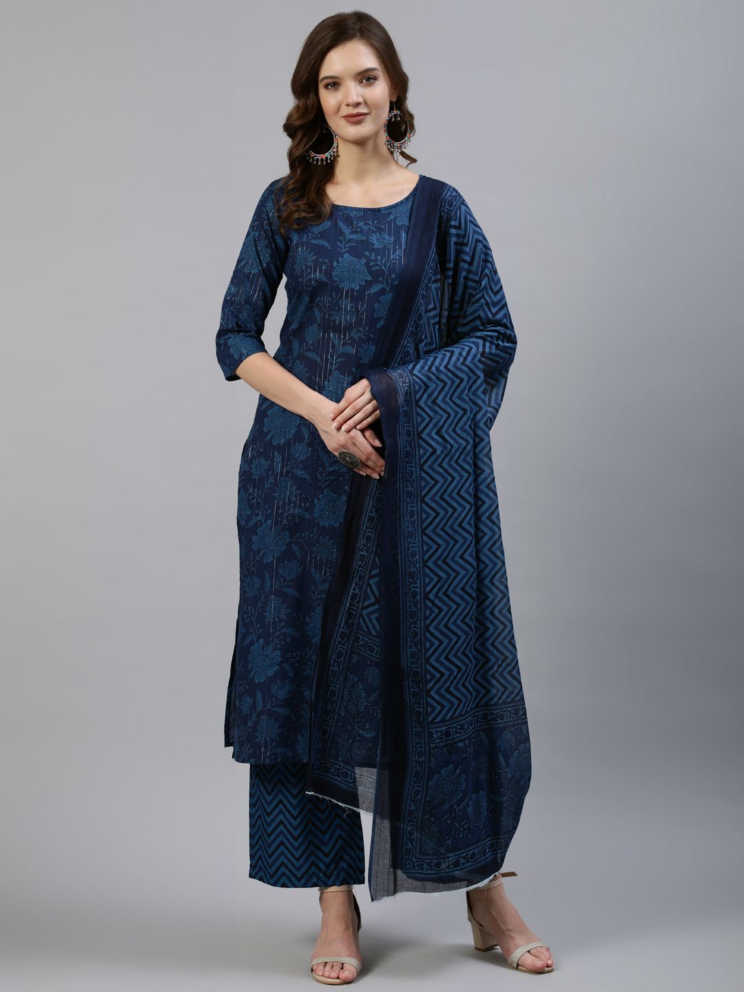 Nayo Women Navy Blue Straight Screen Print Pure Cotton Kurta & Palazzos With Dupatta Price in India