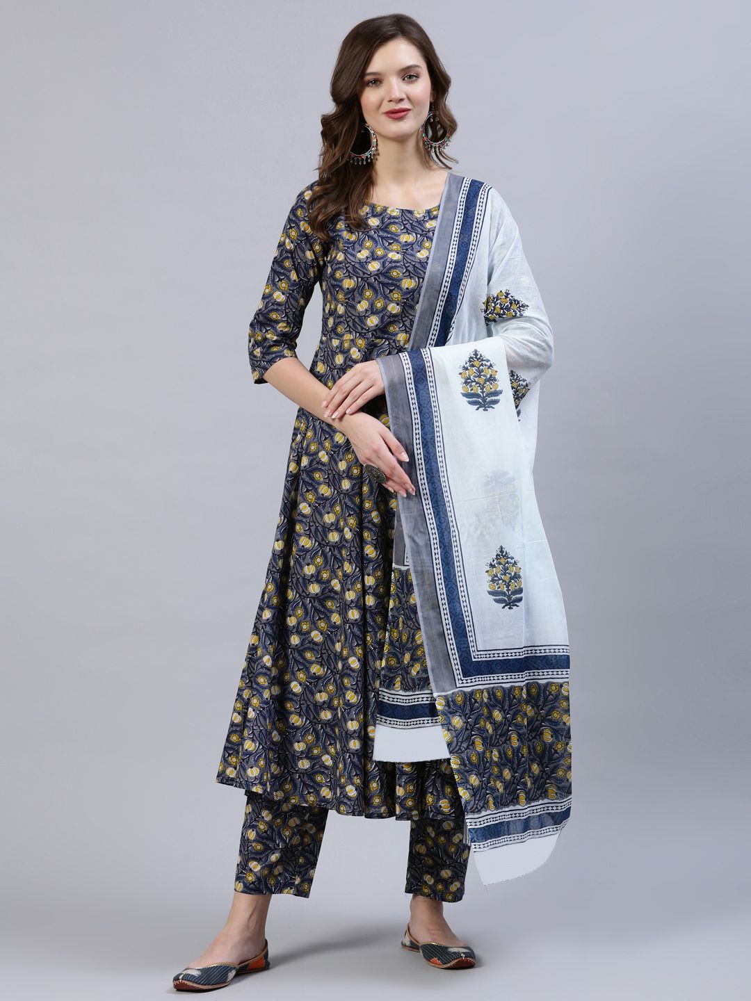 Nayo Women Navy & Yellow Screen Print Anarkali Pure Cotton Kurta & Trousers With Dupatta Price in India