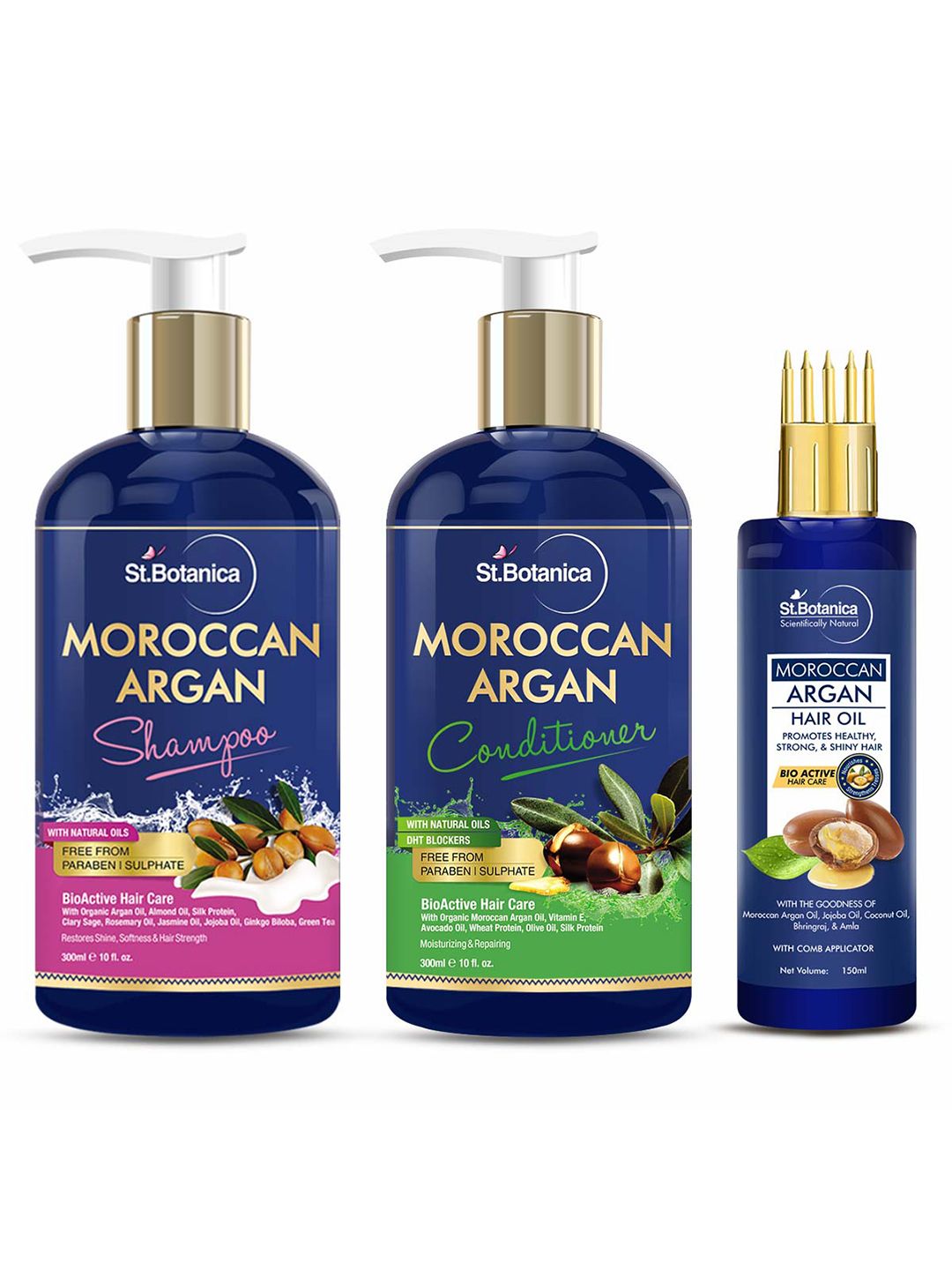 StBotanica Set of 3 Moroccan Argan Shampoo + Conditioner + Hair Oil With Comb Applicator Price in India