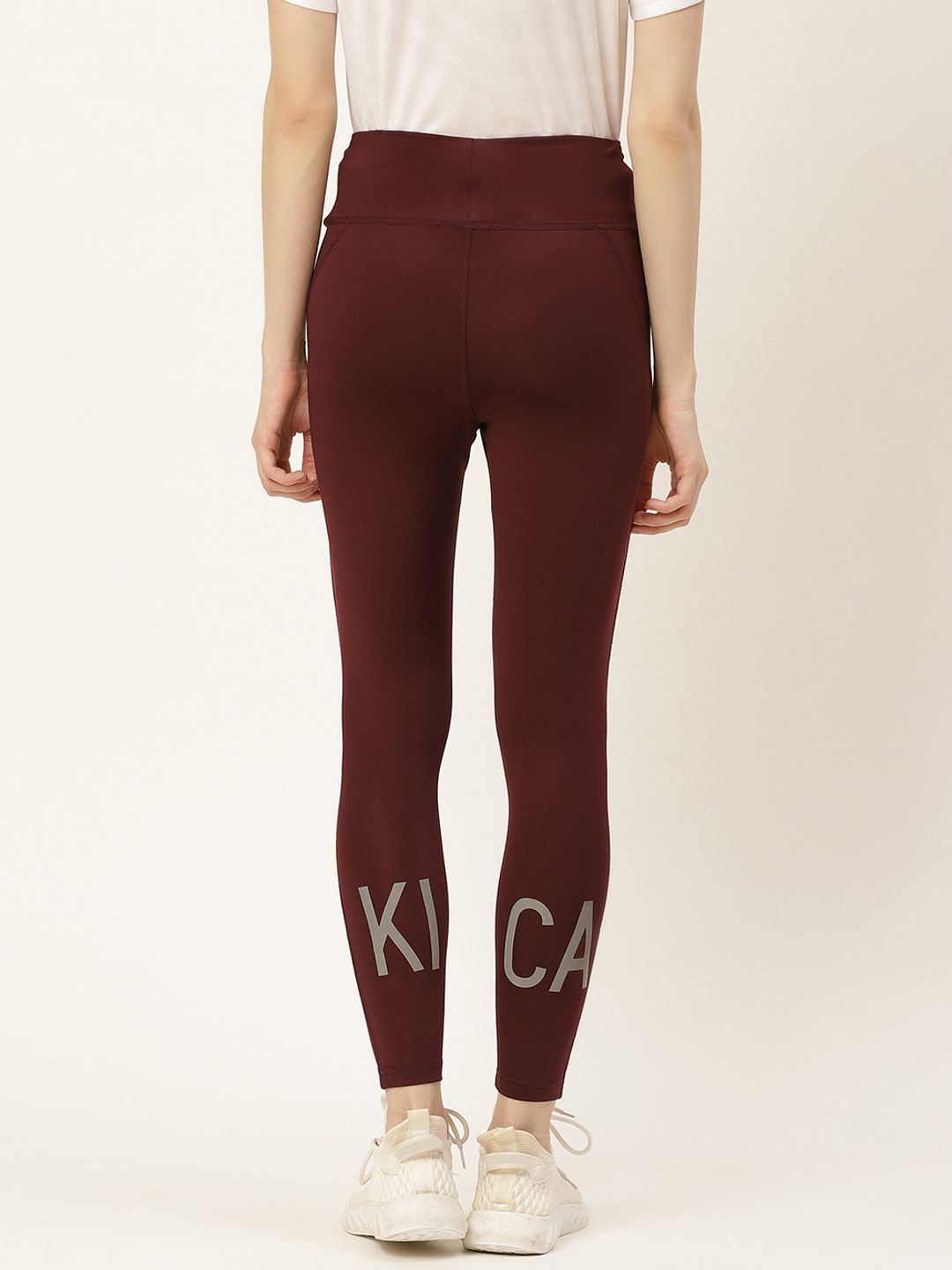 KICA Women Burgundy High Waisted Leggings With Reflective Letters At Ankles Price in India