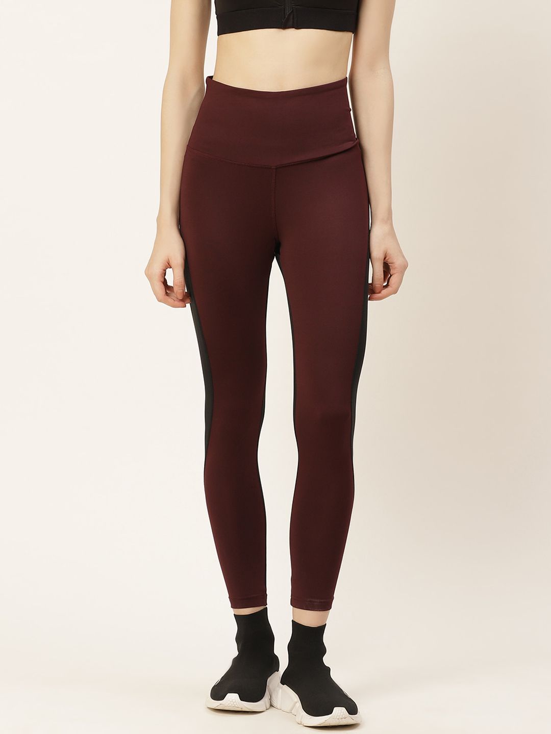 KICA Women Burgundy & Black Solid High-Rise Cropped Tights Price in India