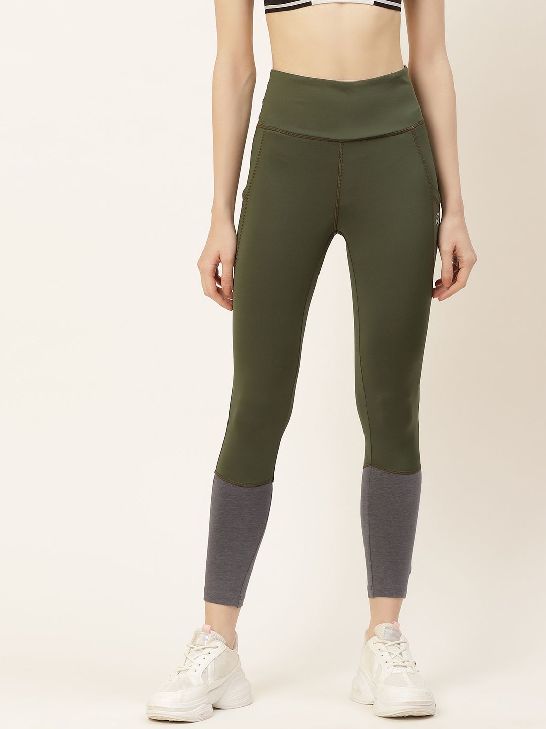 KICA Women Olive Green High Waisted Leggings With Pockets & Medium Support Price in India