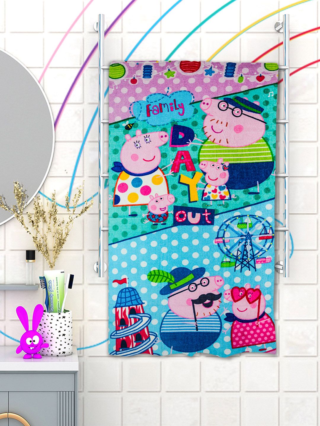 Athom Trendz Pink & Blue Peppa Pig Day Out Printed 350 GSM Cotton Bath Towels