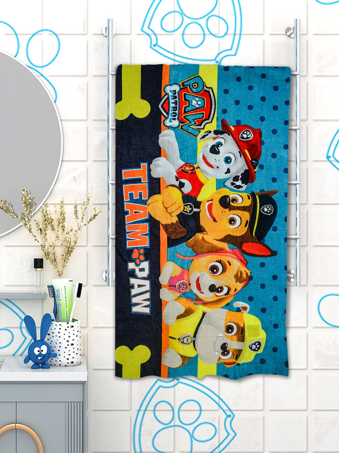 Athom Trendz Blue & Orange Team Paw Printed Cotton 350 GSM Bath Towel