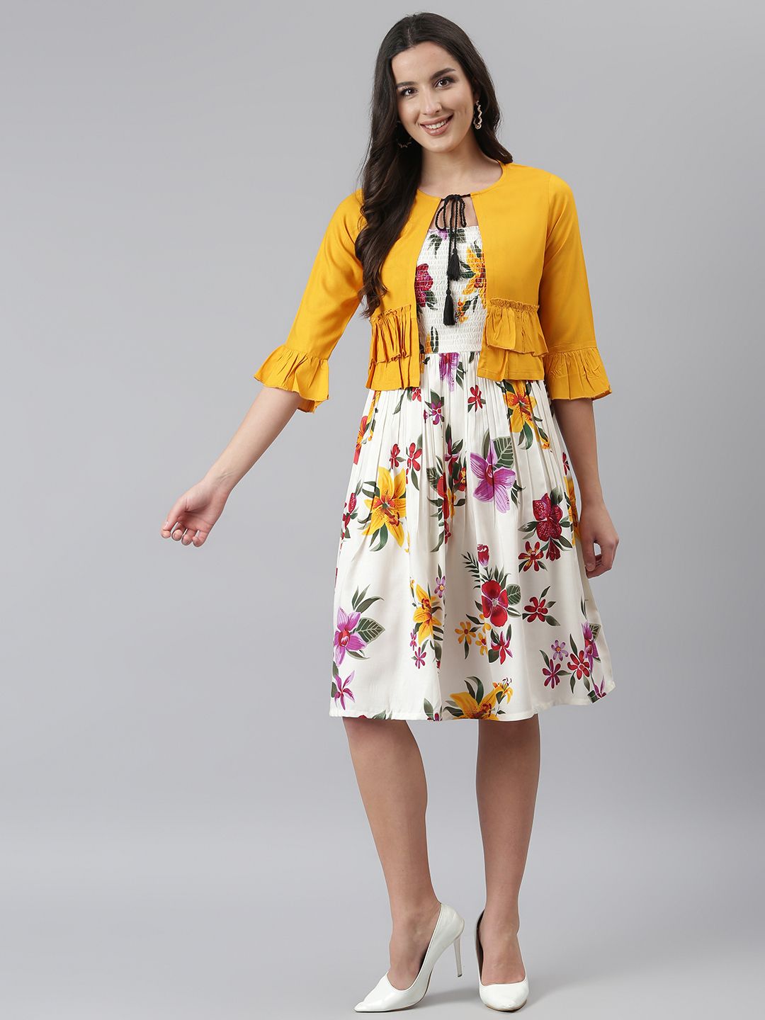 DEEBACO White  & Yellow Floral Tie-Up Neck  Fit And Flared Dress Price in India