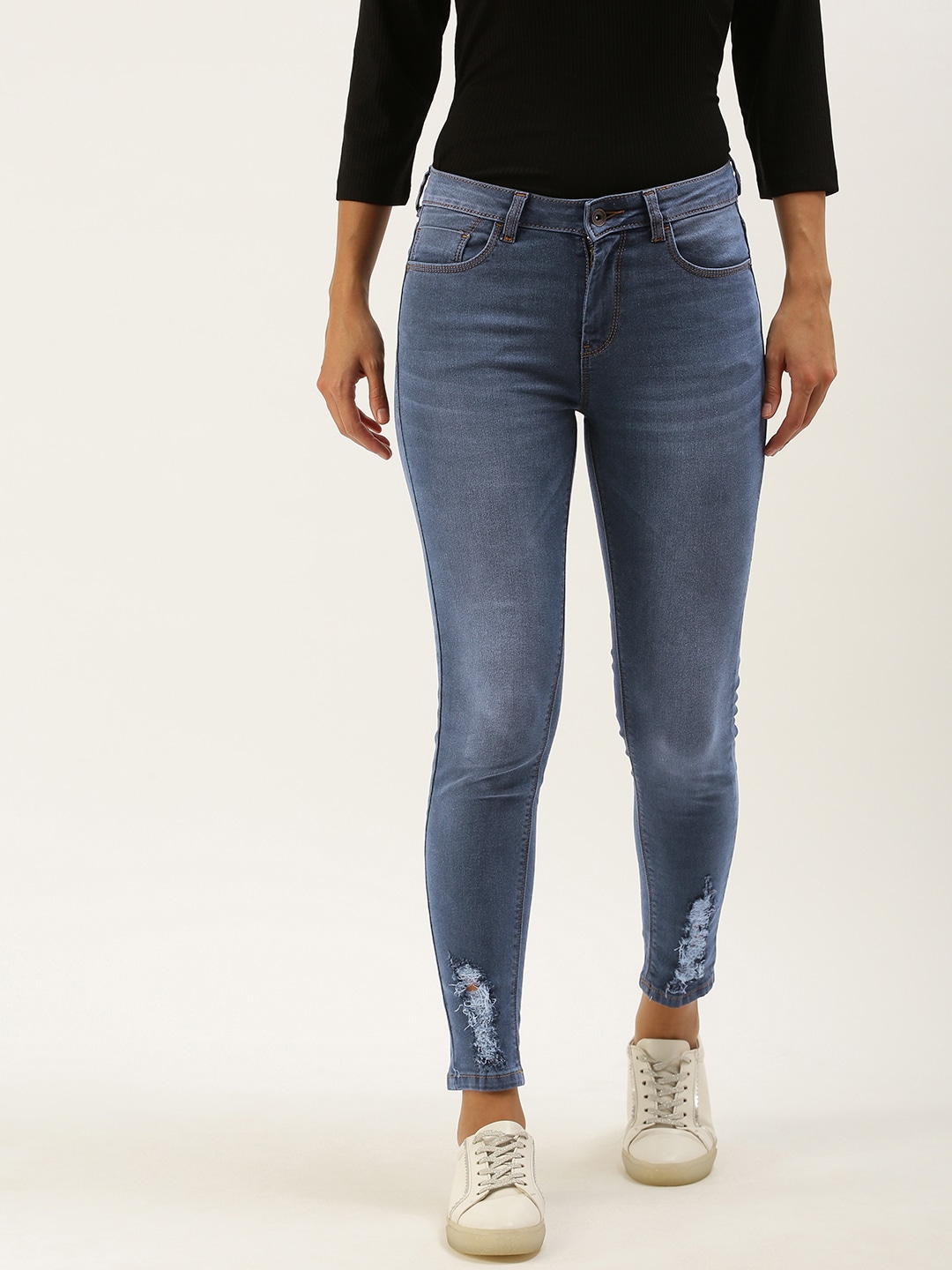 Flying Machine Women Blue Veronica Skinny Fit Mid-Rise Low Distressed Stretchable Jeans Price in India