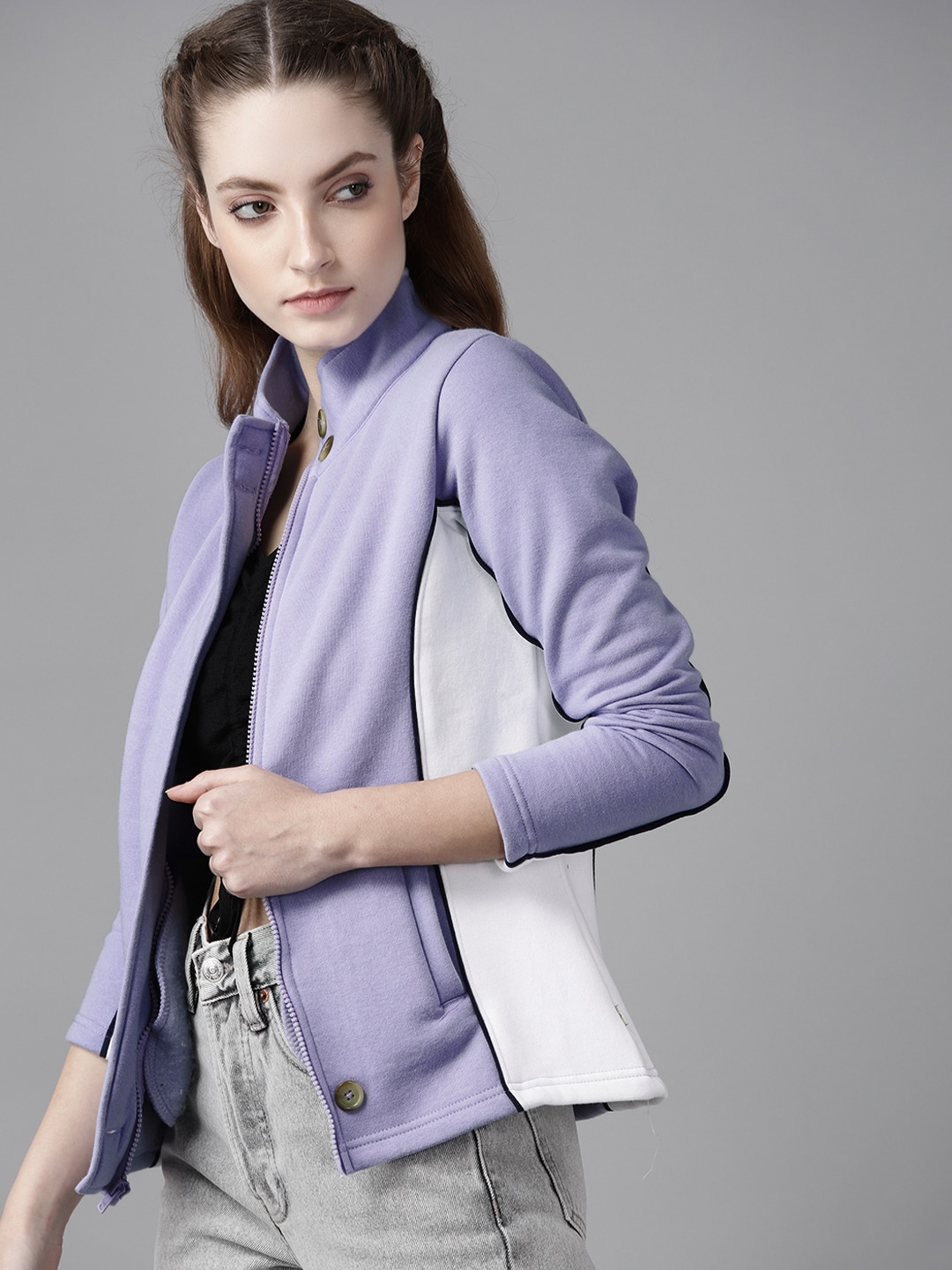 Roadster Women Lavender & White Colourblocked Tailored Jacket Price in India