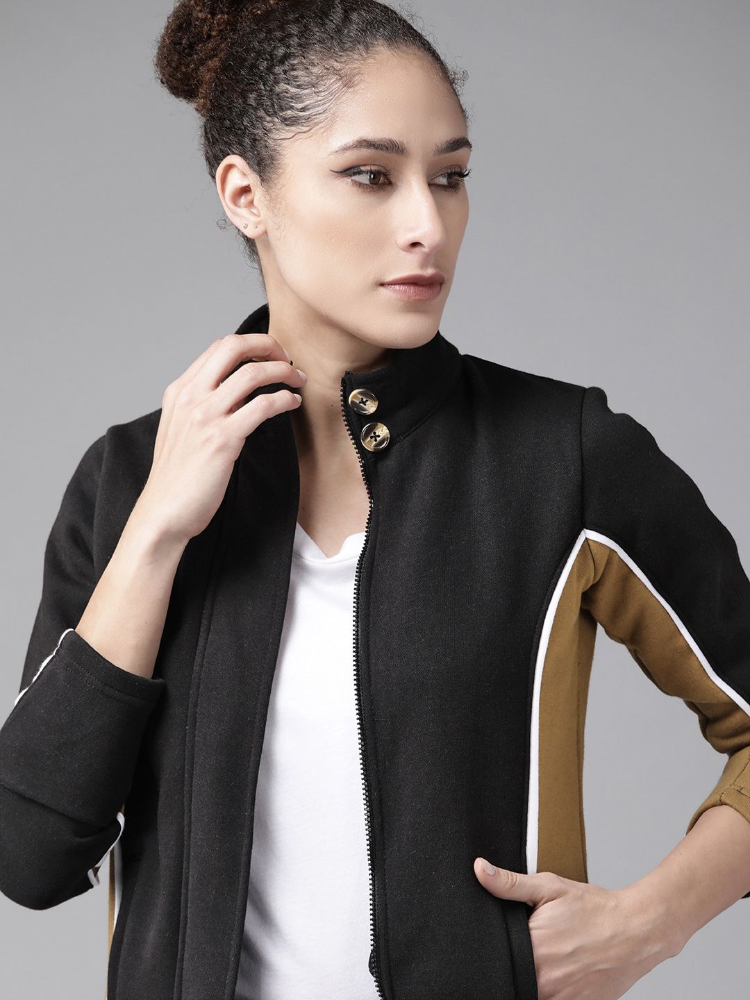 Roadster Women Black & Mustard Brown Colourblocked Tailored Jacket Price in India