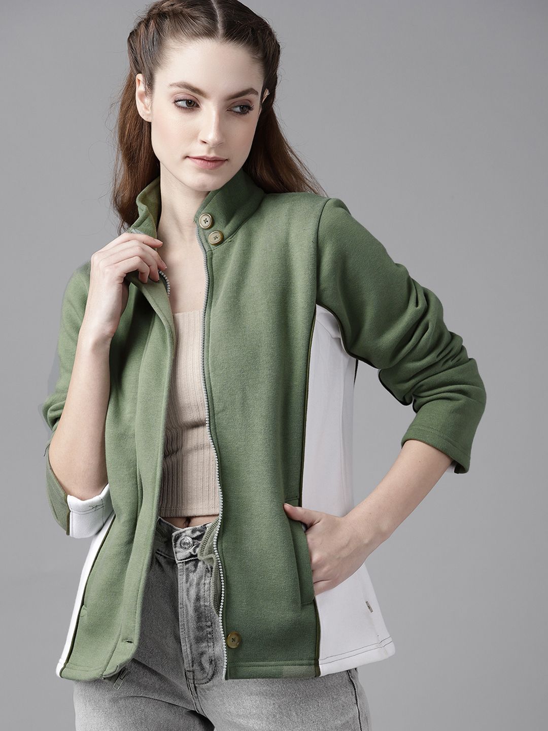 Roadster Women Olive Green White Colourblocked Tailored Jacket Price in India