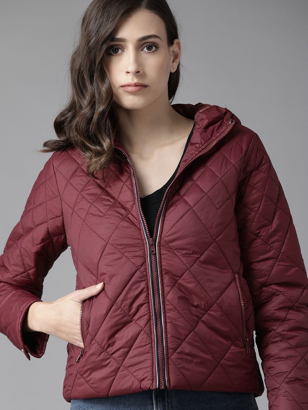 Roadster Women Maroon Solid Quilted Hooded Jacket Price in India