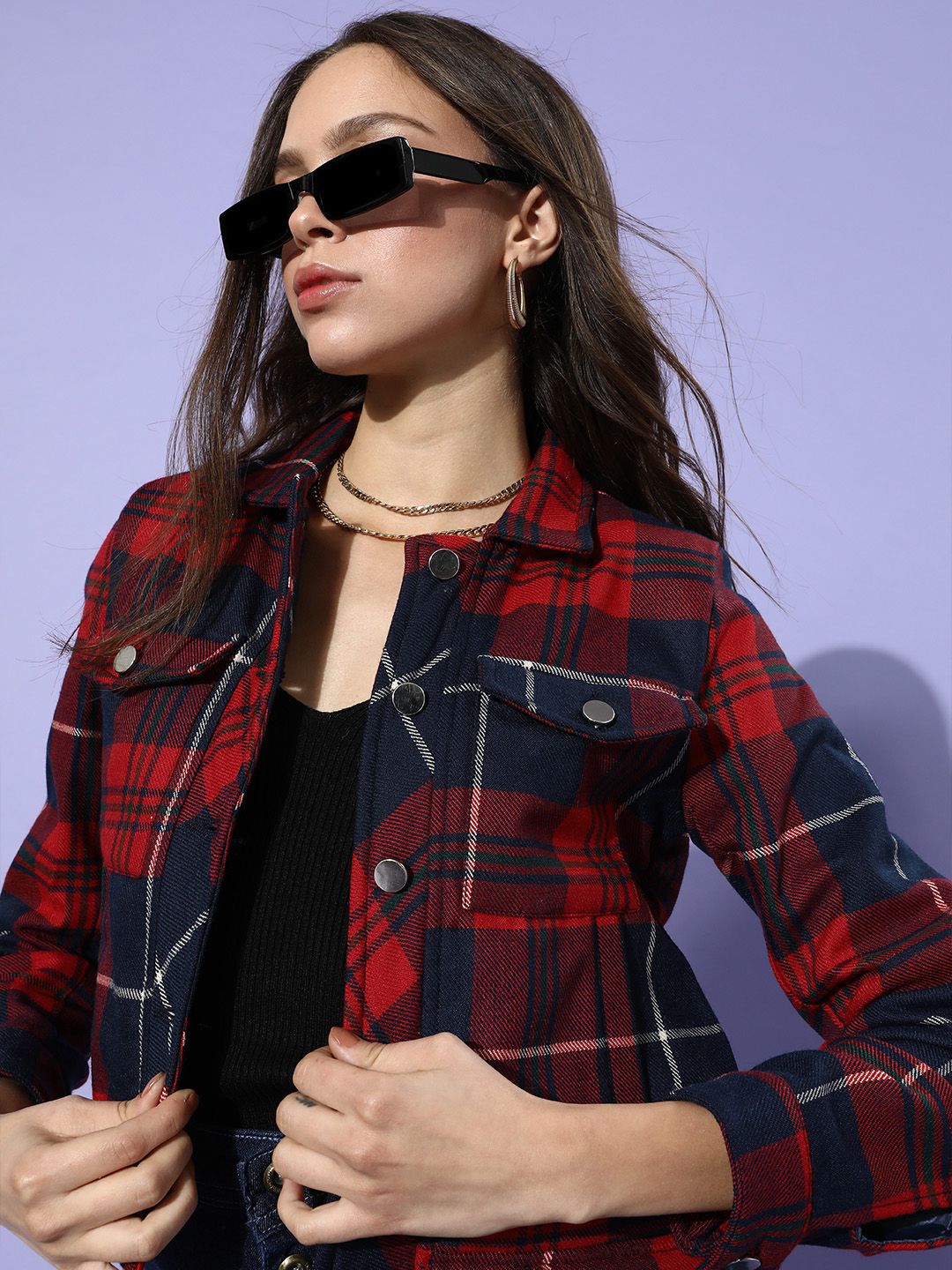 Roadster Women Red & Navy Blue Checked Tailored Jacket Price in India