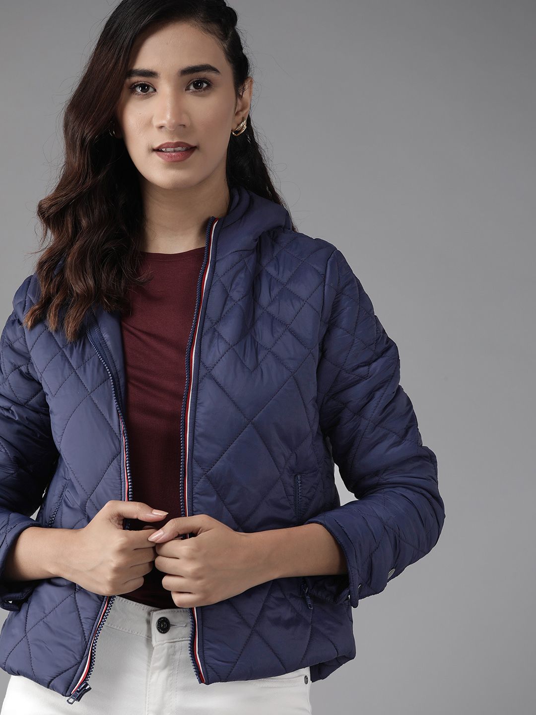 Roadster Women Navy Blue Solid Quilted Jacket Price in India