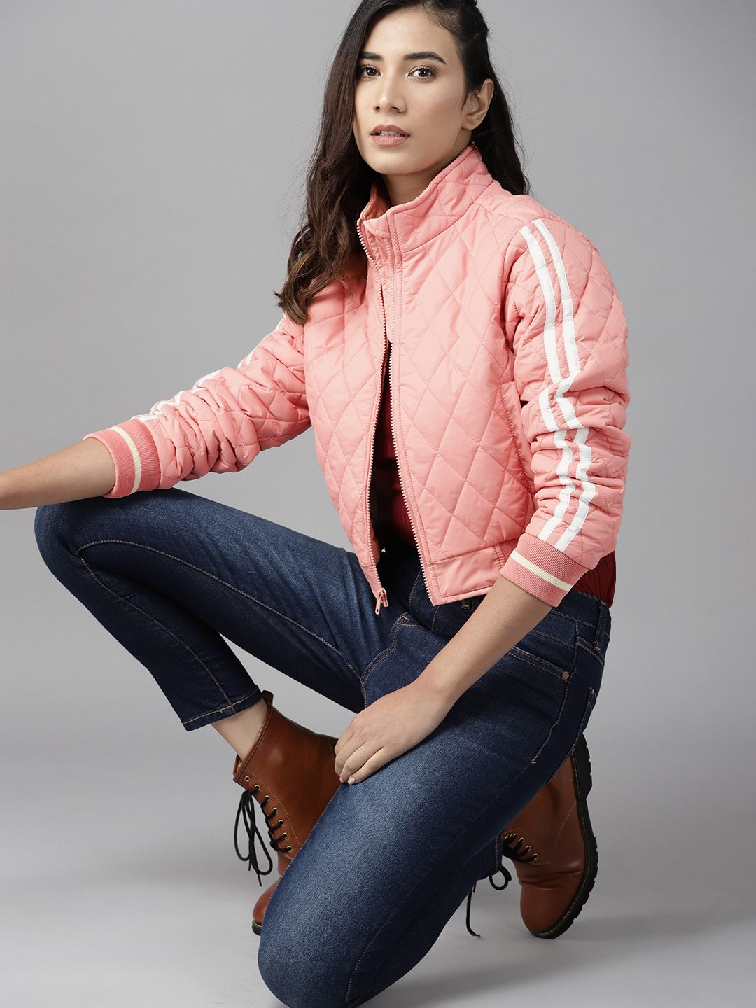 Roadster Women Pink Solid Crop Quilted Jacket Price in India