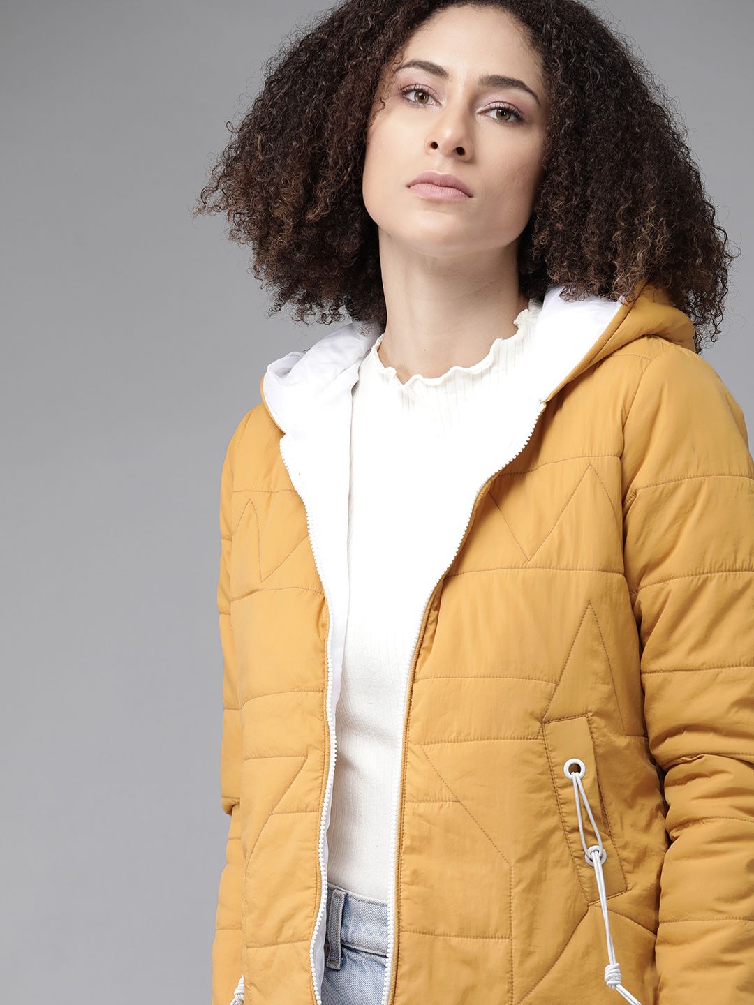 Roadster Women Mustard Yellow Solid Padded Jacket Price in India