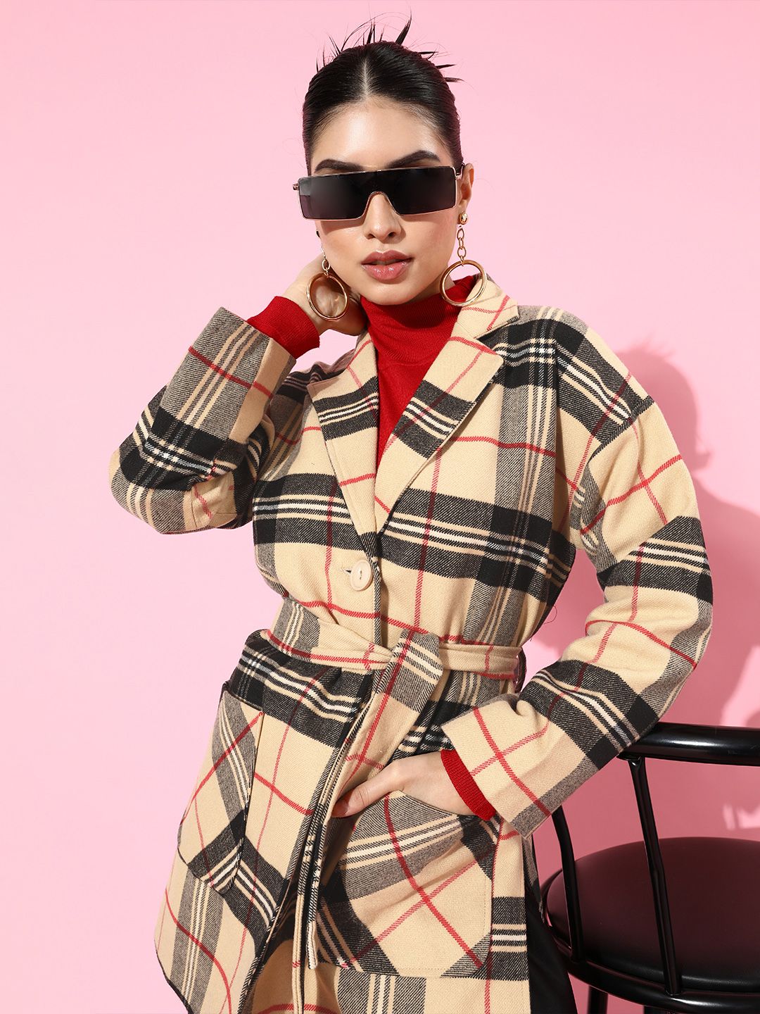 Roadster Women Beige Checked Trench Coat Jacket Price in India