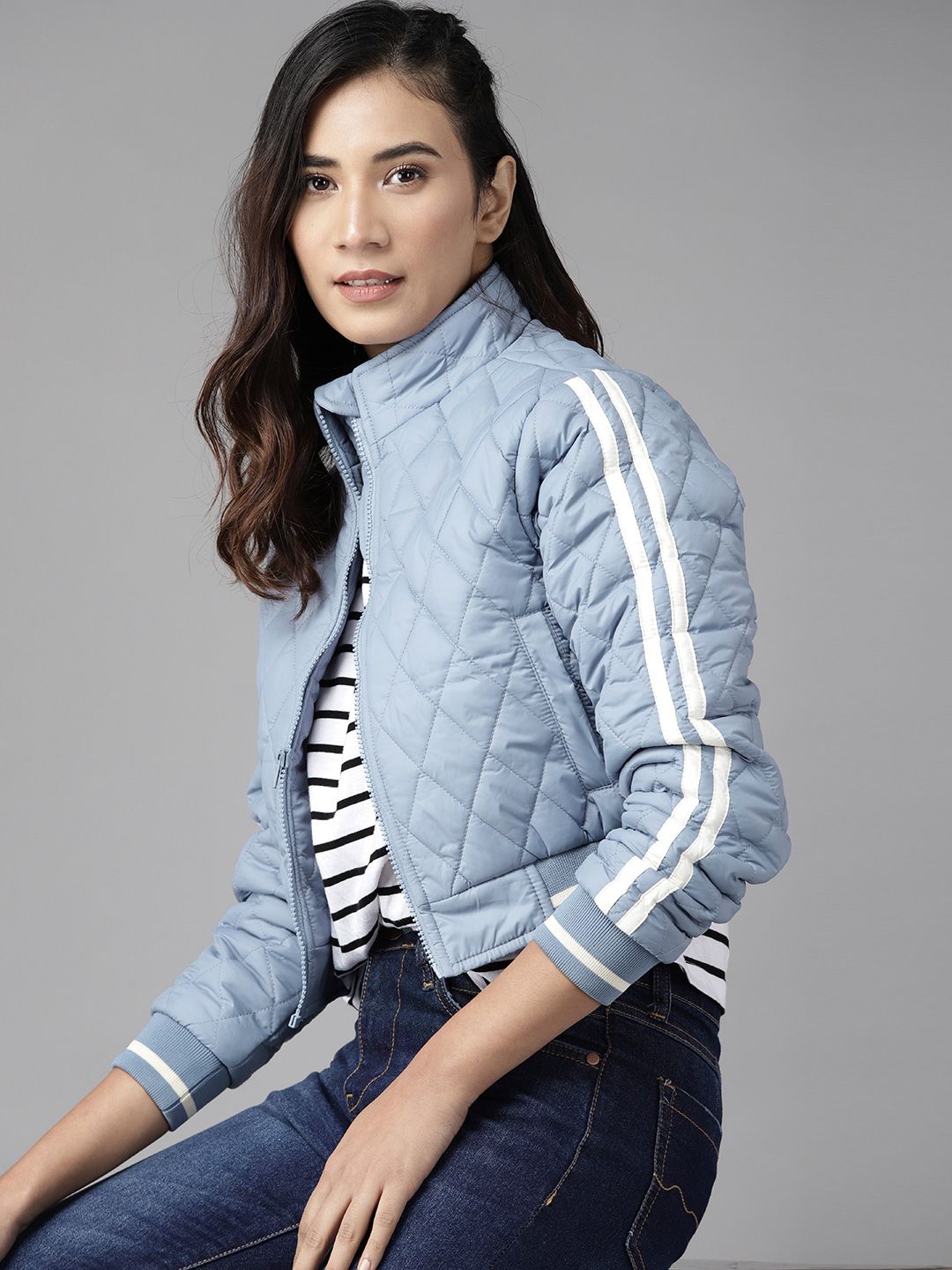 Roadster Women Blue Solid Quilted Jacket Price in India