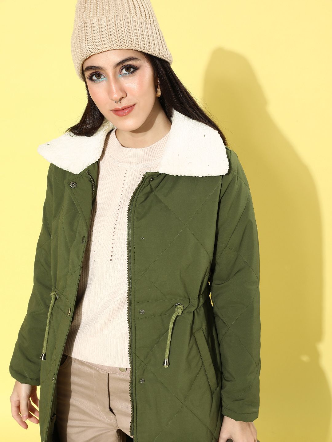 Roadster Women Lovely Olive Checked Quilted Jacket Price in India