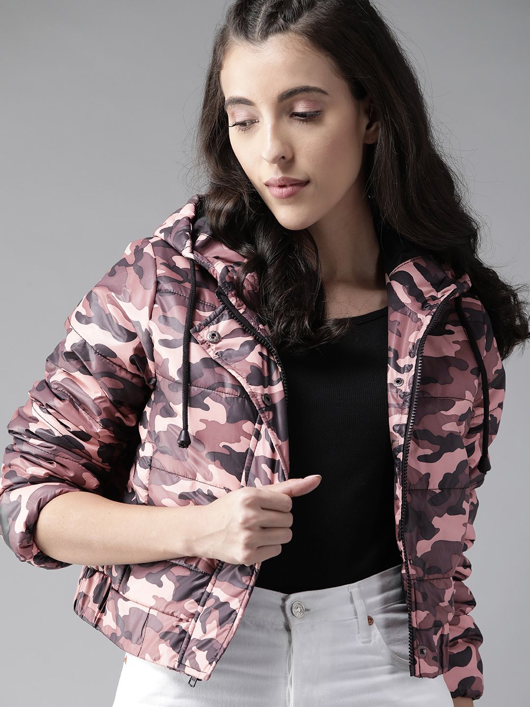 Roadster Women Pink & Purple Camouflage Print Cropped Hooded Tailored Jacket Price in India