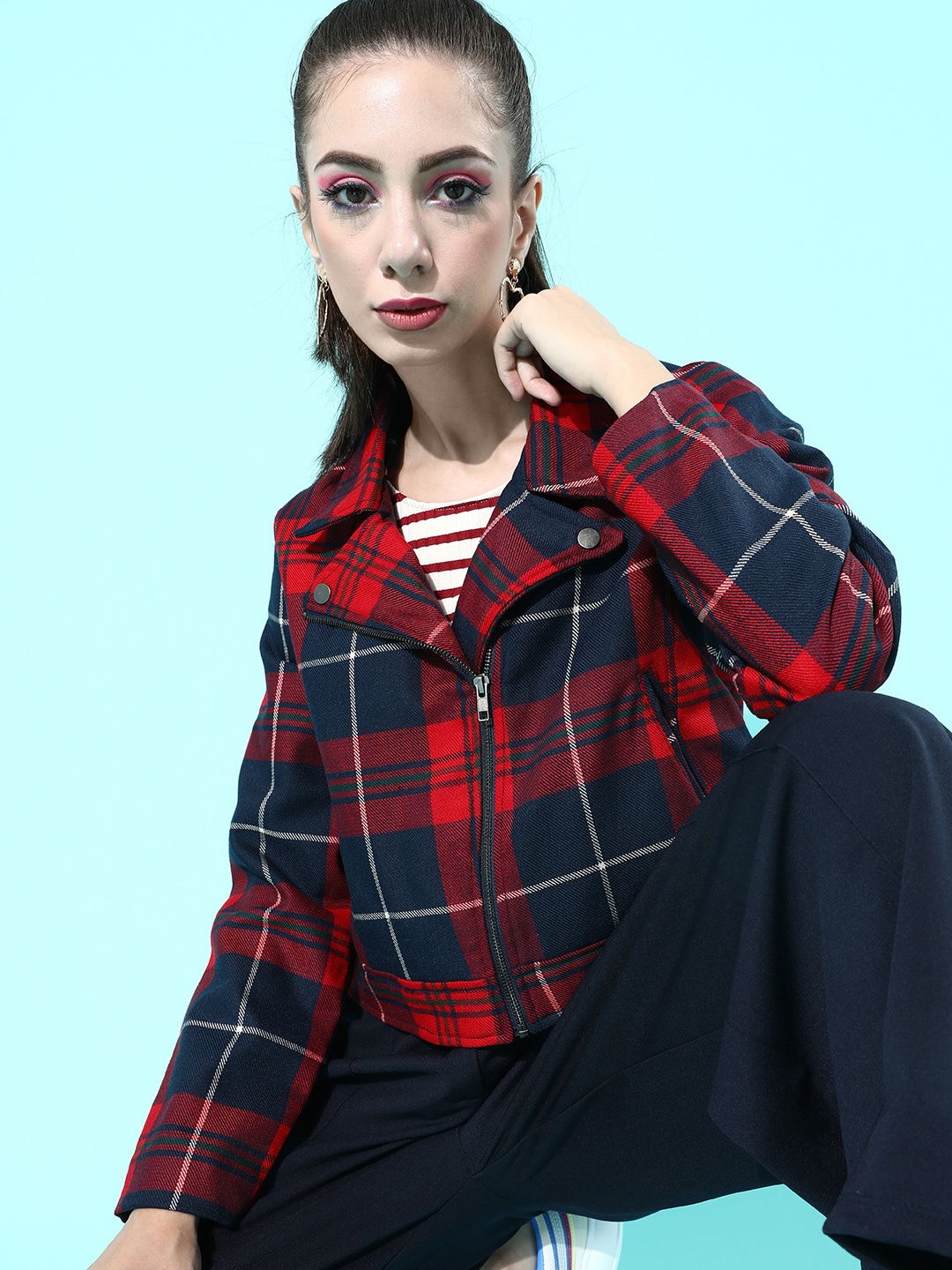 Roadster Women Gorgeous Red Checked Cropped Jacket Price in India