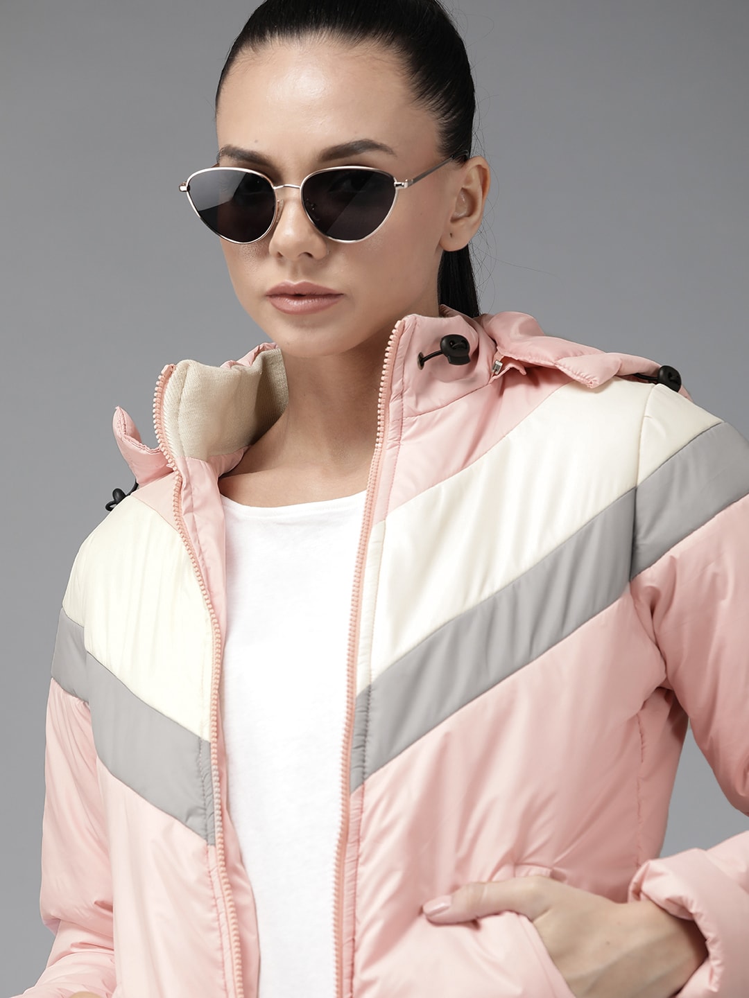 Roadster Women Pink Striped Padded Jacket with Detachable Hood Price in India