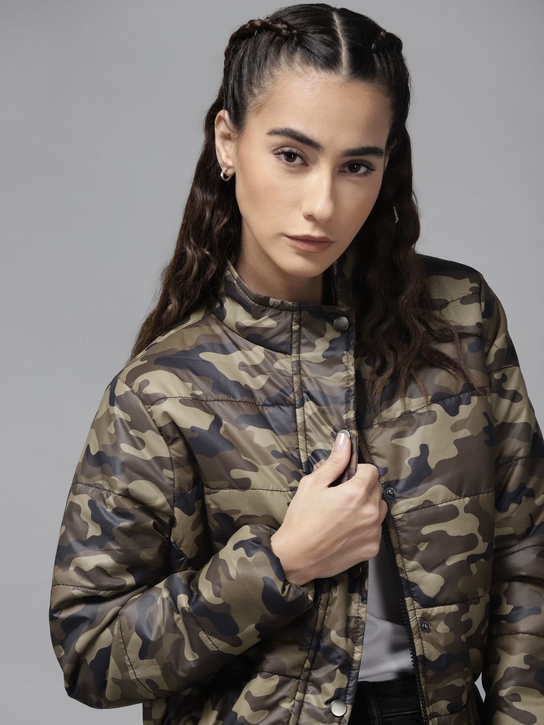 Roadster Women Olive Green & Black Camouflage Print Padded Jacket Price in India