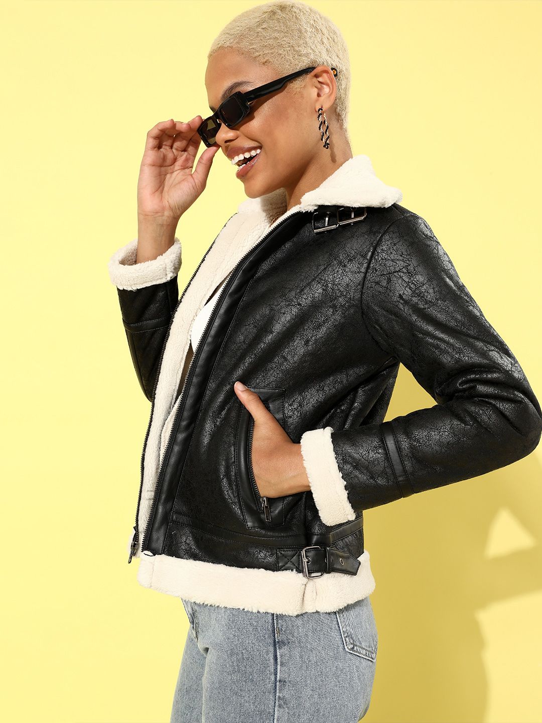 Roadster Women Stylish Black Colourblocked Biker Jacket Price in India