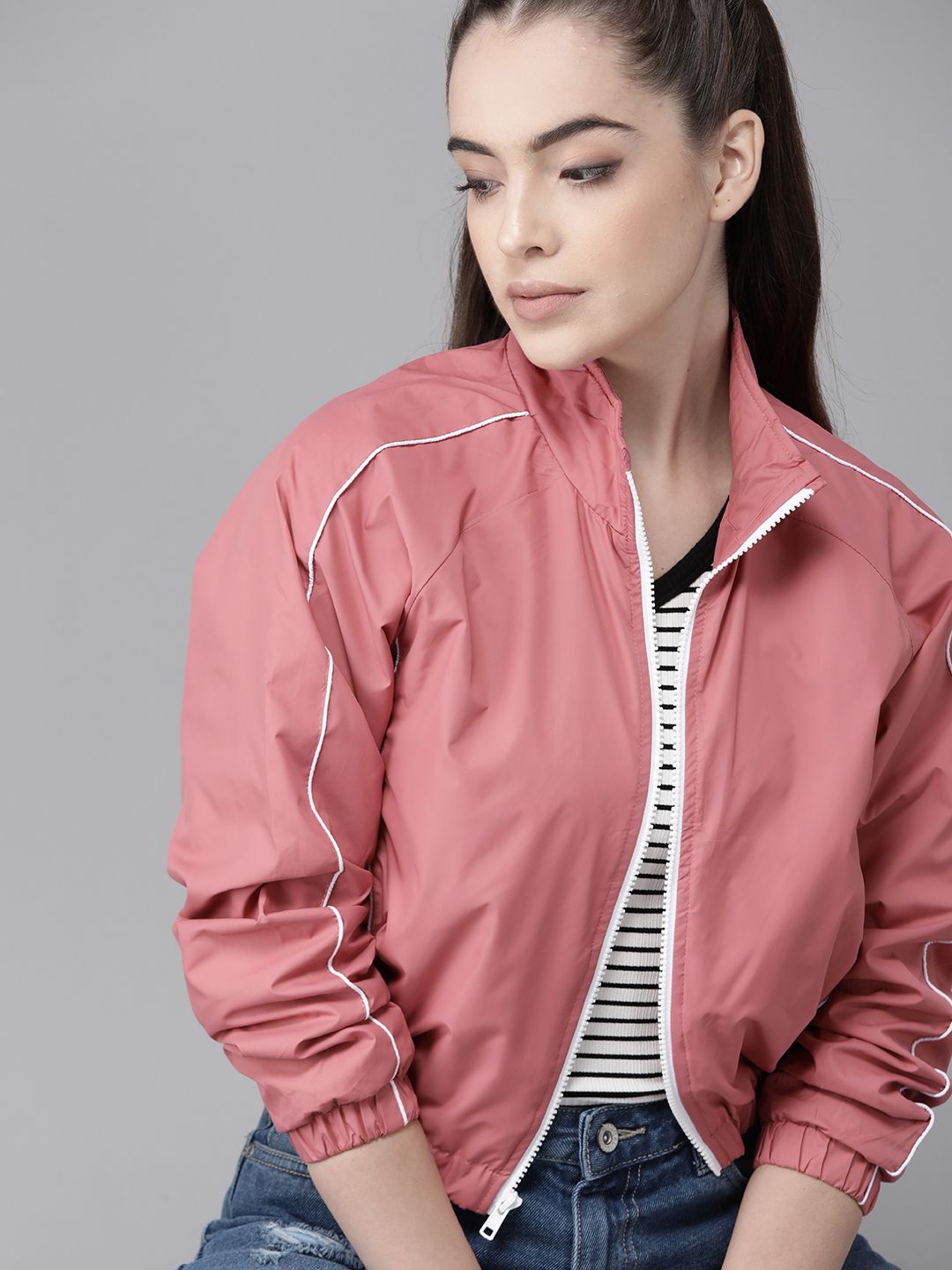 Roadster Women Pink Solid Windcheater Bomber Jacket Price in India