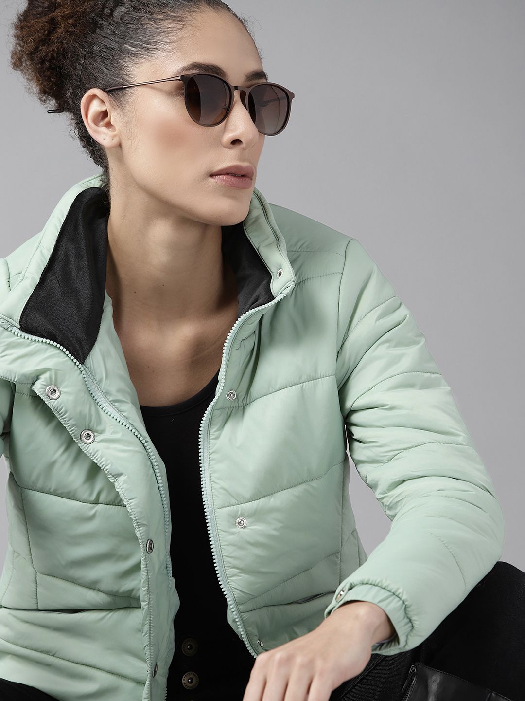 Roadster Women Sea Green Solid Padded Jacket Price in India