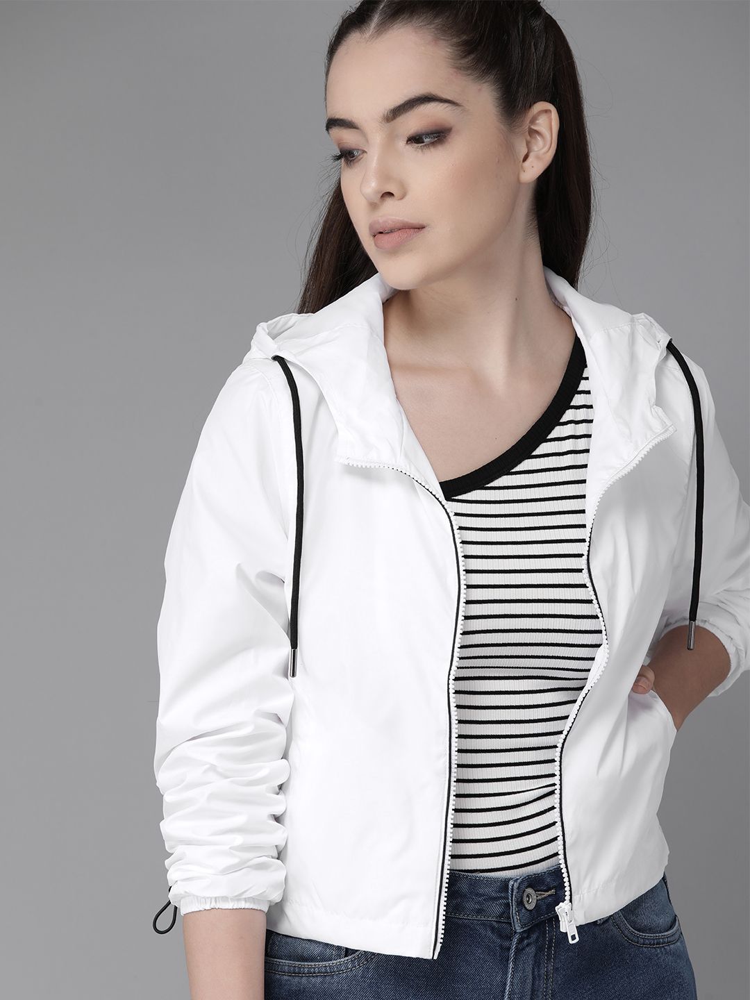 Roadster Women White Solid Windcheater Tailored Jacket Price in India