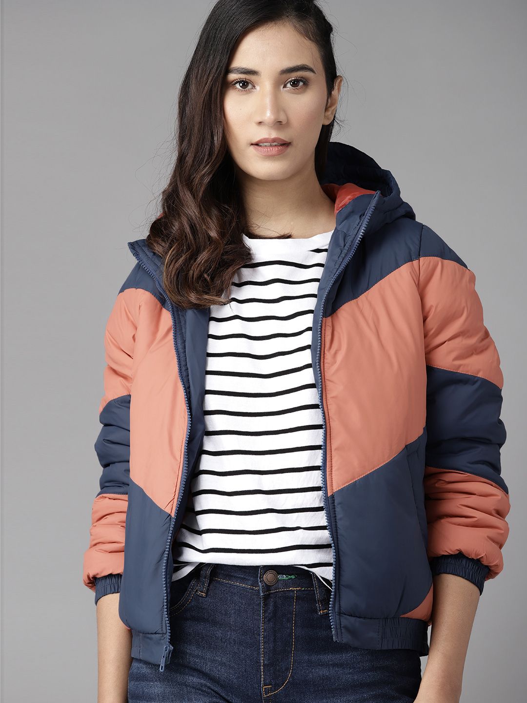 Roadster Women Blue & Pink Colourblocked Bomber Jacket Price in India