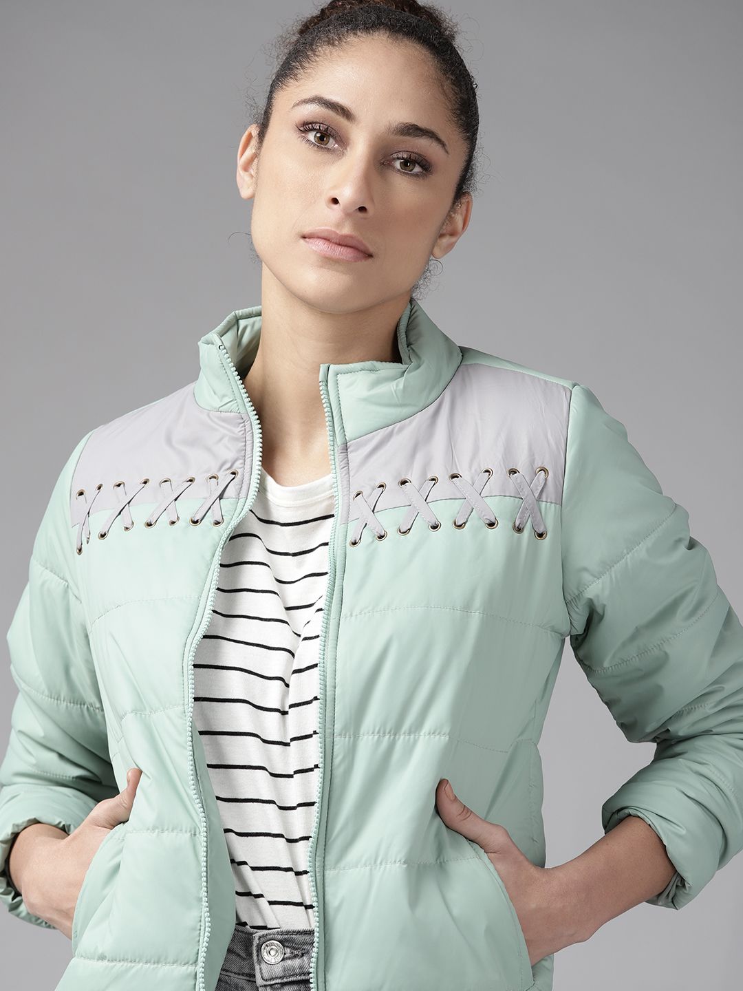 Roadster Women Green Grey Colourblocked Padded Jacket Price in India