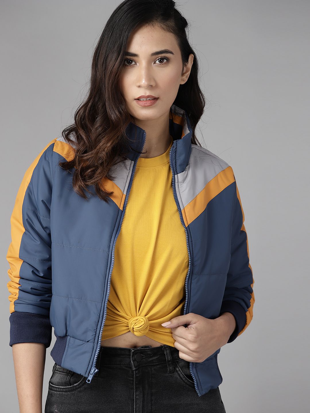 Roadster Women Navy Blue Grey Striped Bomber Jacket Price in India